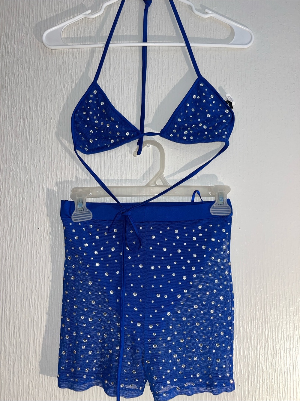 Blue Rhinestone Mesh Bikini Top & Shorts Set